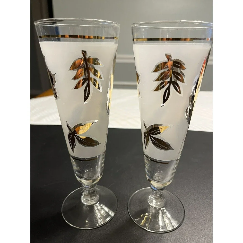 Pair of Vtg Frosted Gold Leaves Pilsner Stem Glasses Signed G Reeves